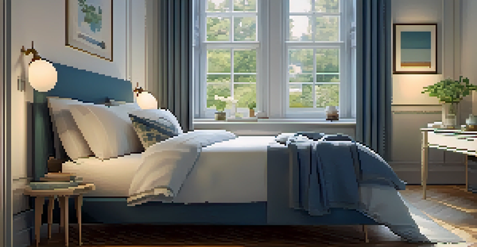 A tranquil bedroom with a cozy bed, warm lighting, and calming decorations, promoting a restful environment.