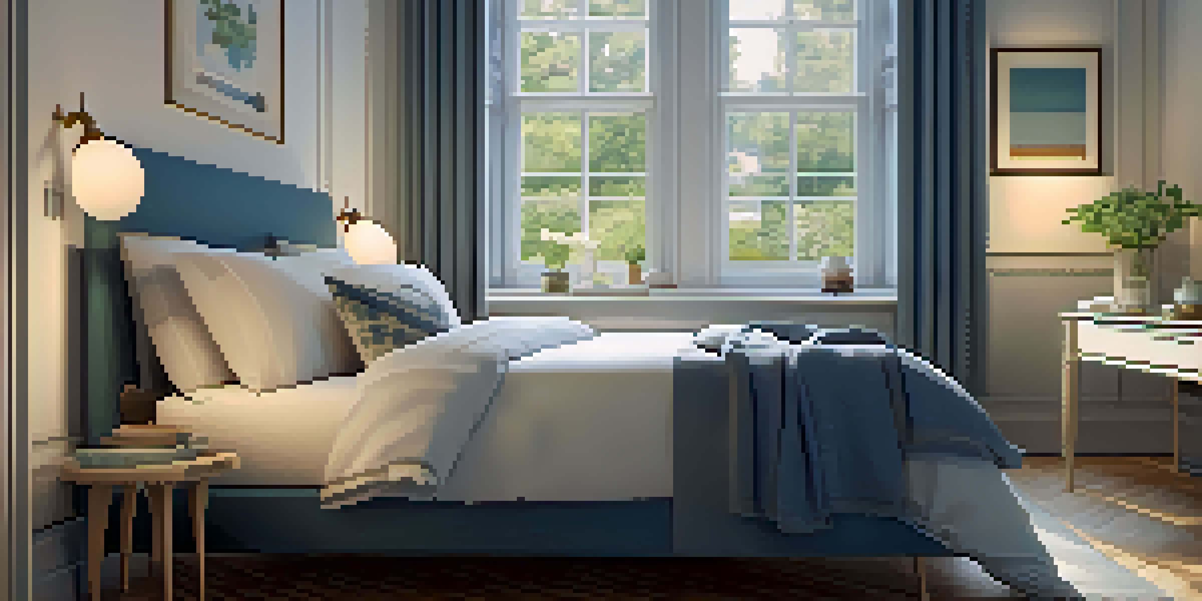 A tranquil bedroom with a cozy bed, warm lighting, and calming decorations, promoting a restful environment.