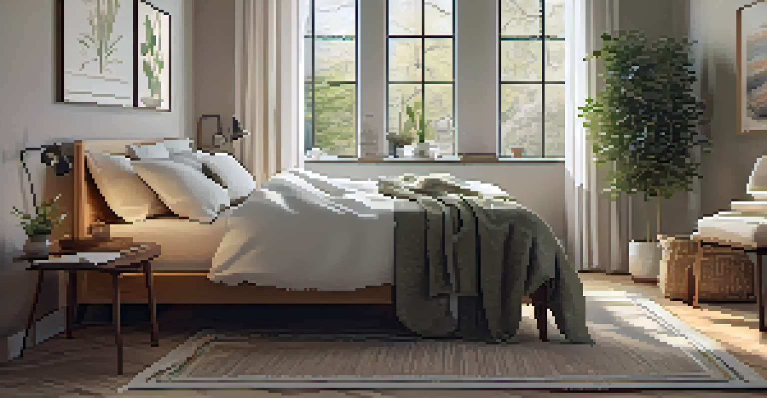 A cozy bedroom with soft bedding, calming colors, and warm lighting, promoting a relaxing sleep environment.