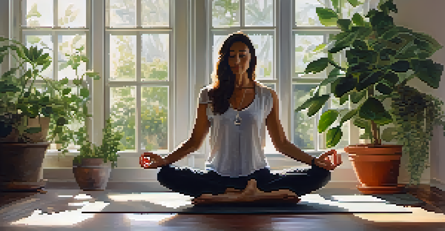 A person practicing mindfulness through yoga or meditation in a serene indoor space filled with plants and soft sunlight.