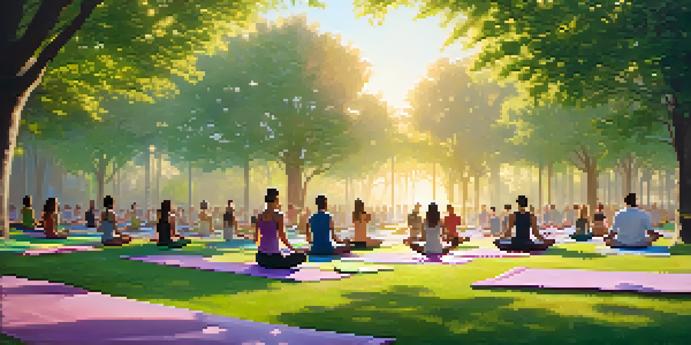 A diverse group of people practicing yoga outdoors in a lush green park at sunrise, surrounded by trees and flowers.