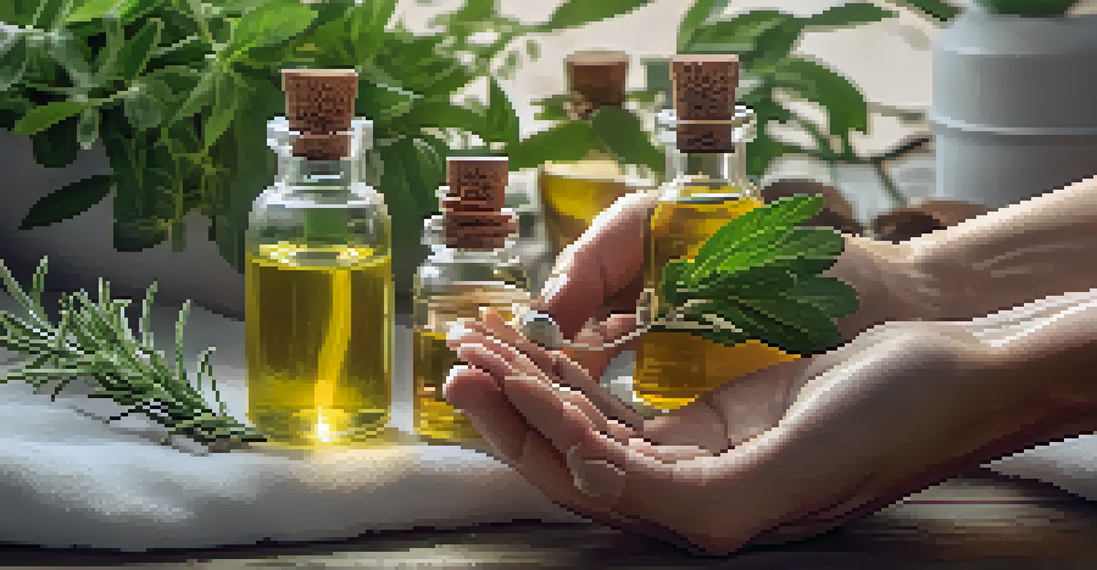 A close-up of a hand applying essential oil to the skin against a backdrop of oil bottles and fresh herbs, showcasing soothing textures.
