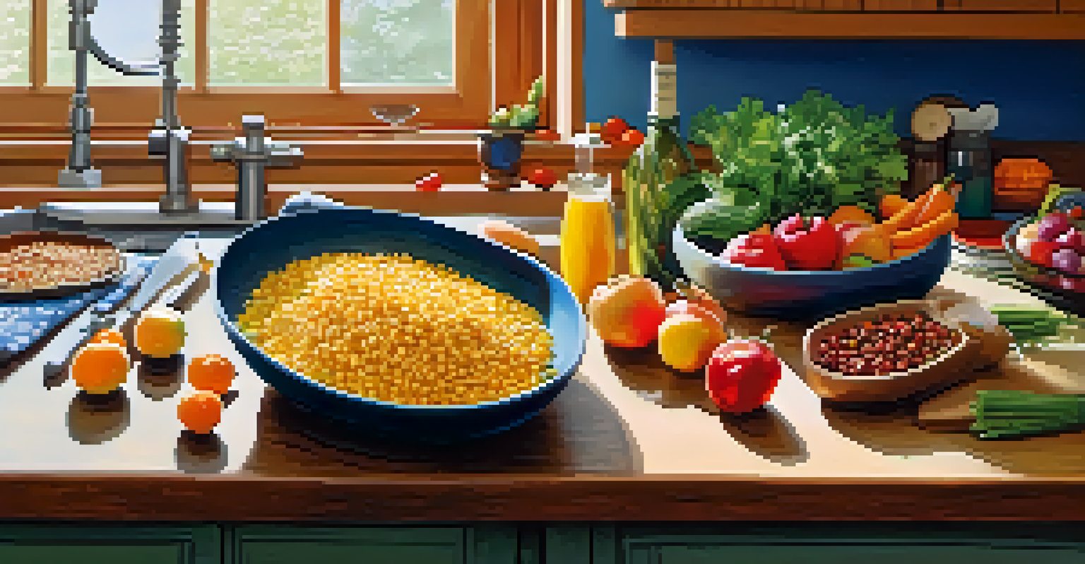 A kitchen countertop filled with fresh fruits and vegetables, whole grains, and a cookbook, promoting healthy cooking.