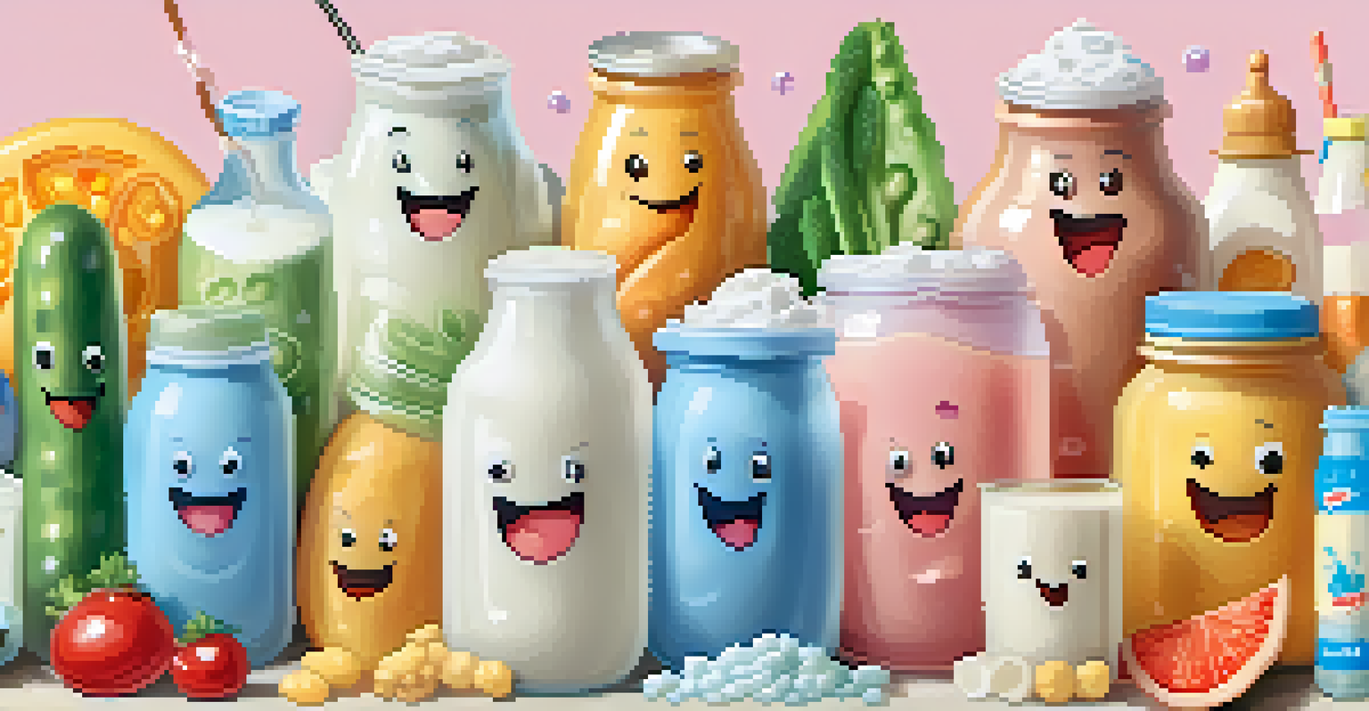 Cartoon bacteria representing probiotics with yogurt and fermented food icons in a pastel background.