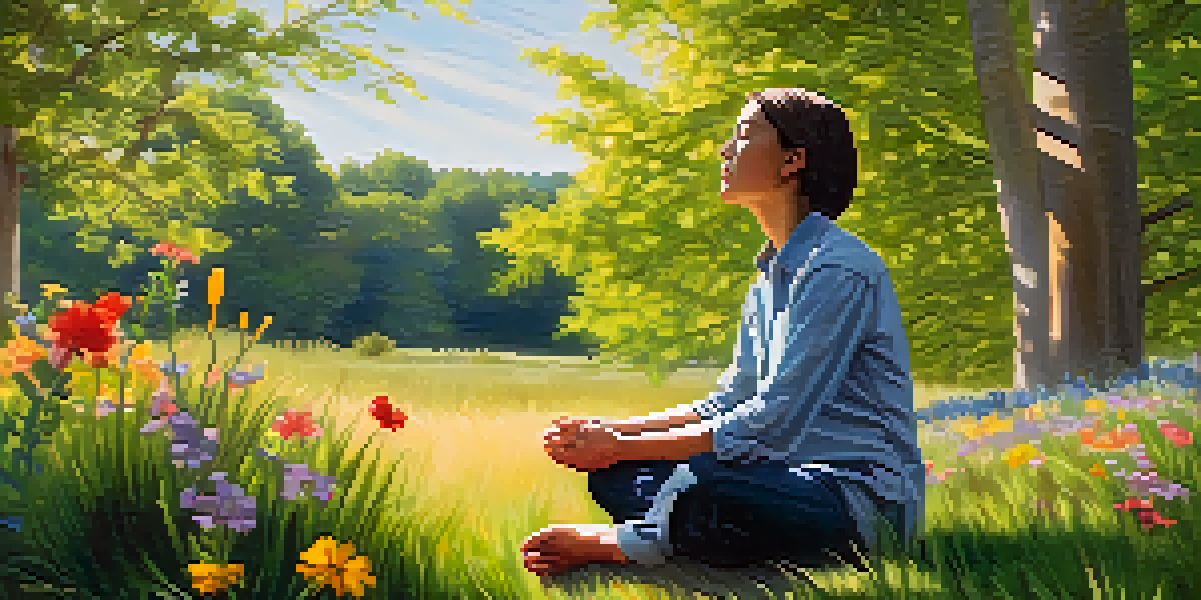 A person meditating outdoors in a tranquil natural setting with trees and flowers.