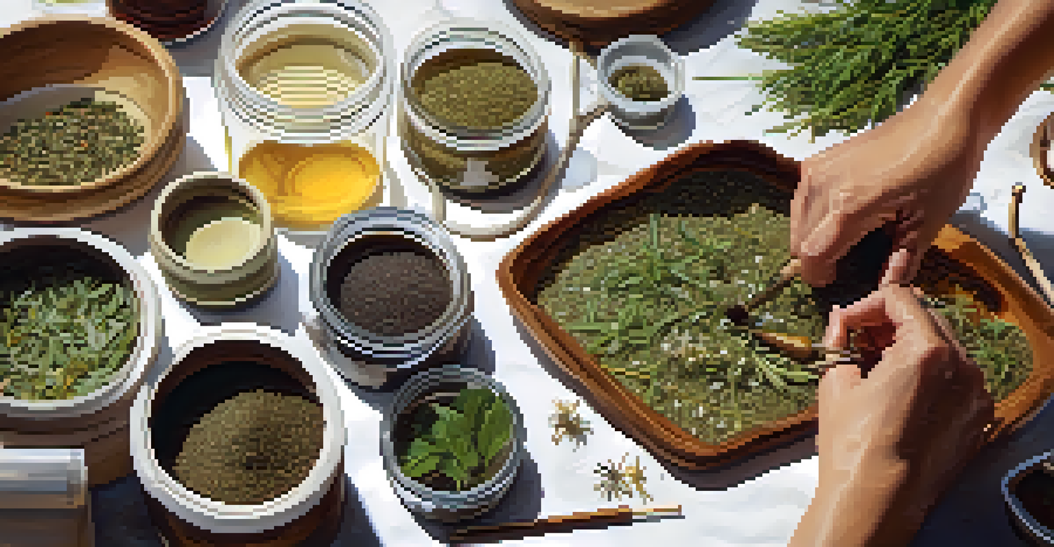 A close-up of hands preparing herbal remedies with jars and tools, showcasing the process of naturopathic medicine.