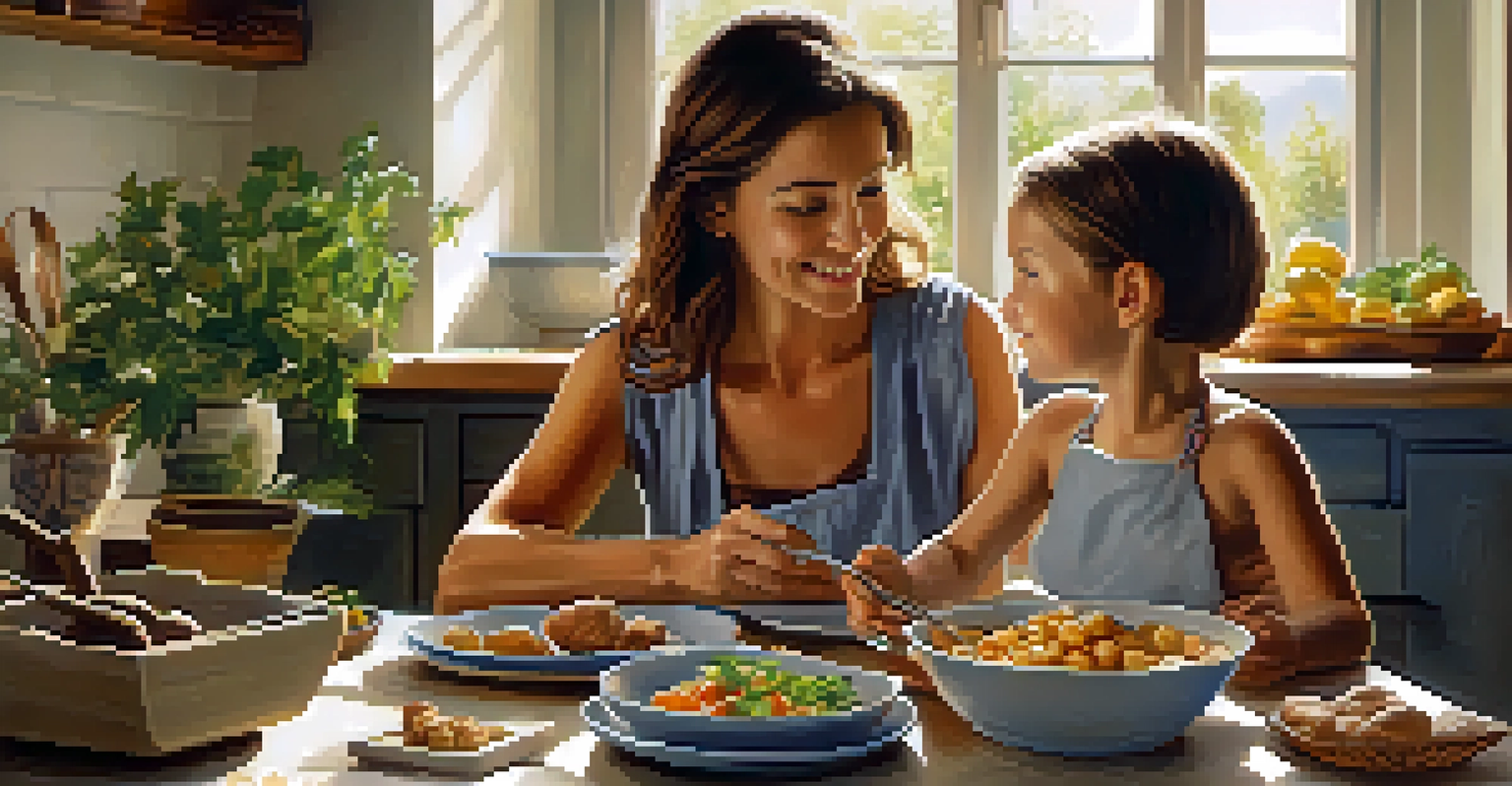 A mother and child enjoying a meal with walnuts and baked mackerel in a warmly lit kitchen, highlighting a nurturing atmosphere.