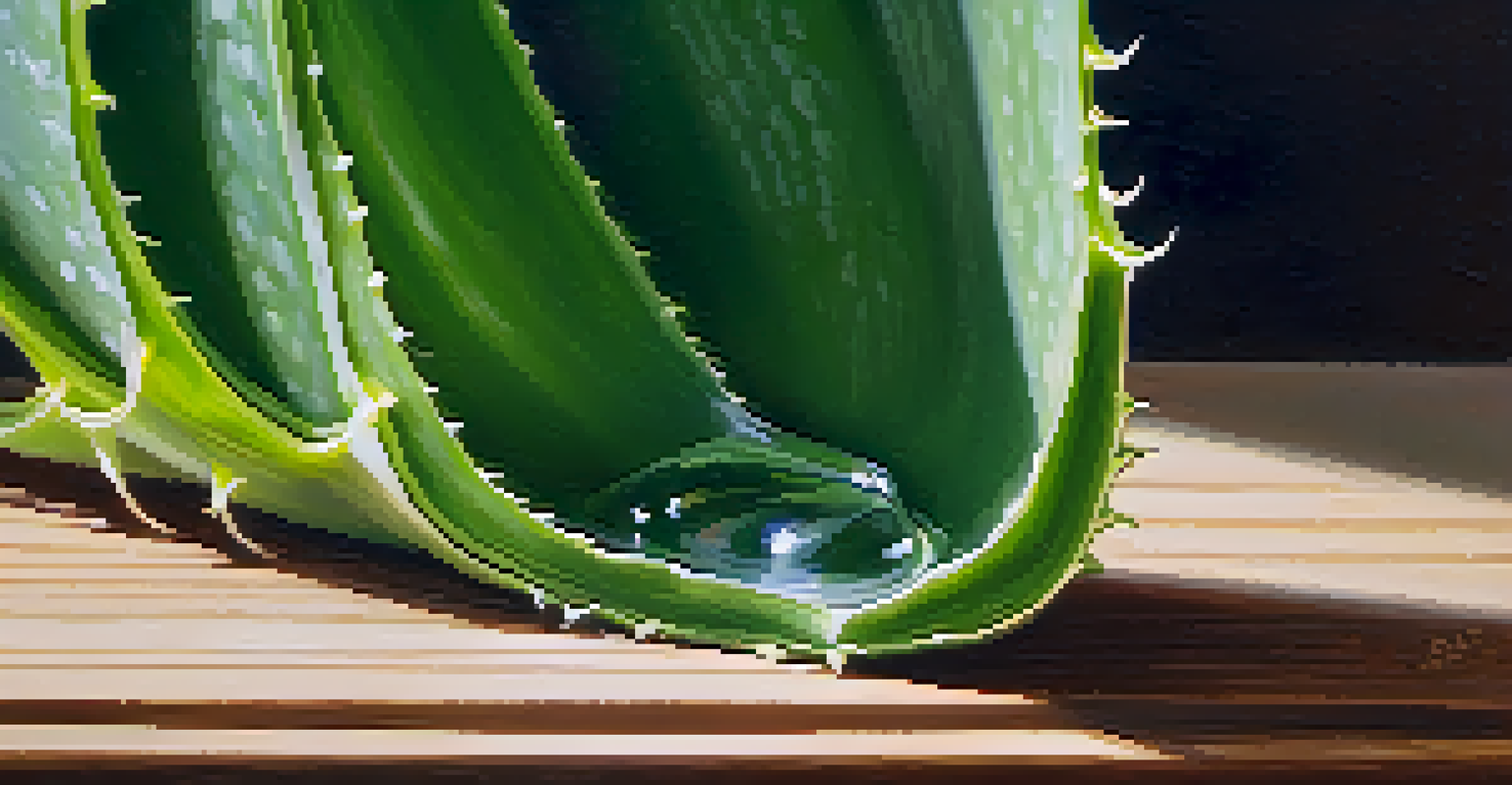 A close-up of an aloe vera leaf being sliced open to show its gel, with a jar of aloe vera gel and green leaves in the background.