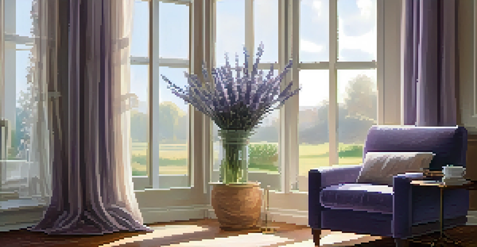 A cozy corner of a home with a diffuser emitting lavender mist, sunlit plants, and a plush armchair, indicating a relaxing environment.