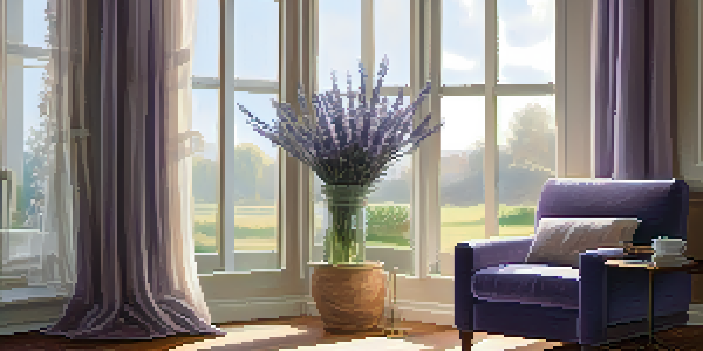 A cozy corner of a home with a diffuser emitting lavender mist, sunlit plants, and a plush armchair, indicating a relaxing environment.