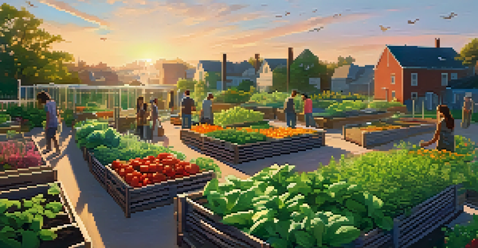 A community garden at sunset with people gardening among colorful plants and herbs.