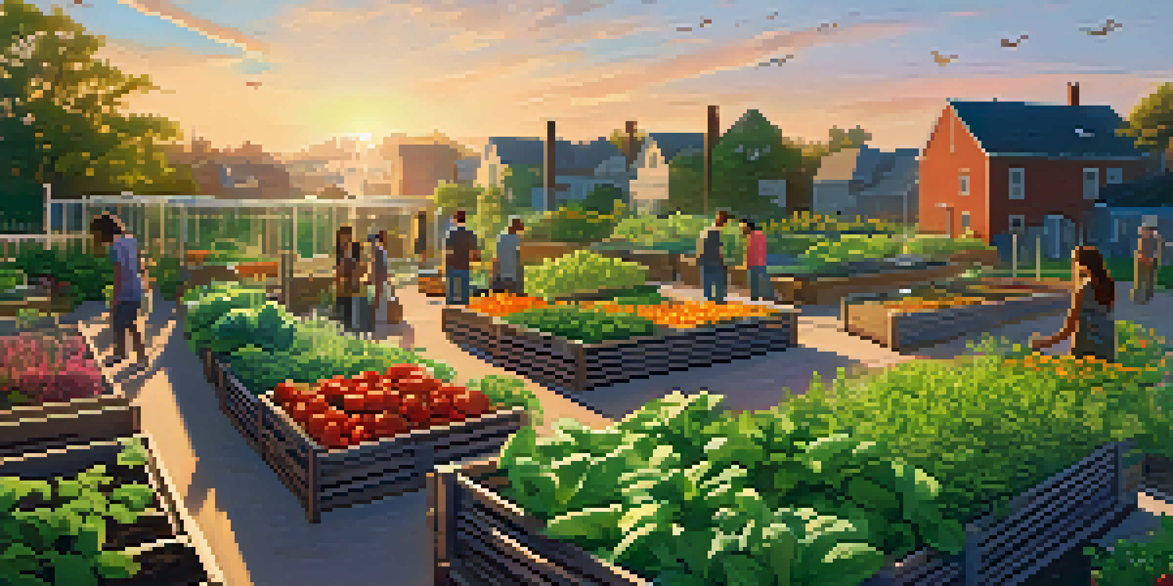 A community garden at sunset with people gardening among colorful plants and herbs.