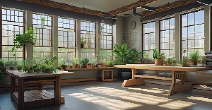 A calming interior of a naturopathic clinic with a wooden treatment table and potted plants, illuminated by natural light.