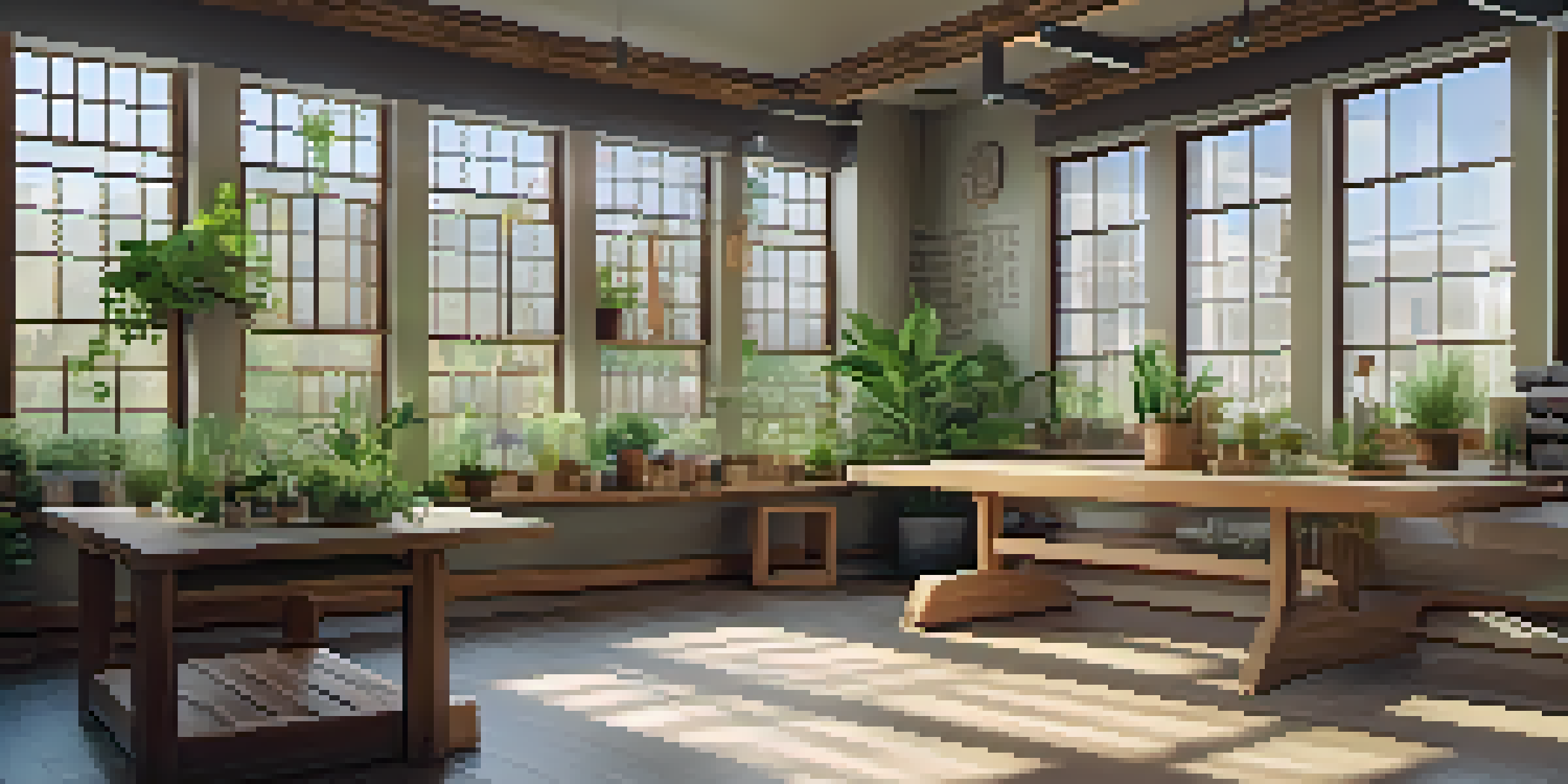 A calming interior of a naturopathic clinic with a wooden treatment table and potted plants, illuminated by natural light.