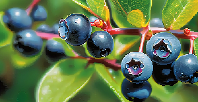 Close-up of bilberries on a bush with dew, surrounded by green foliage and sunlight filtering through leaves.