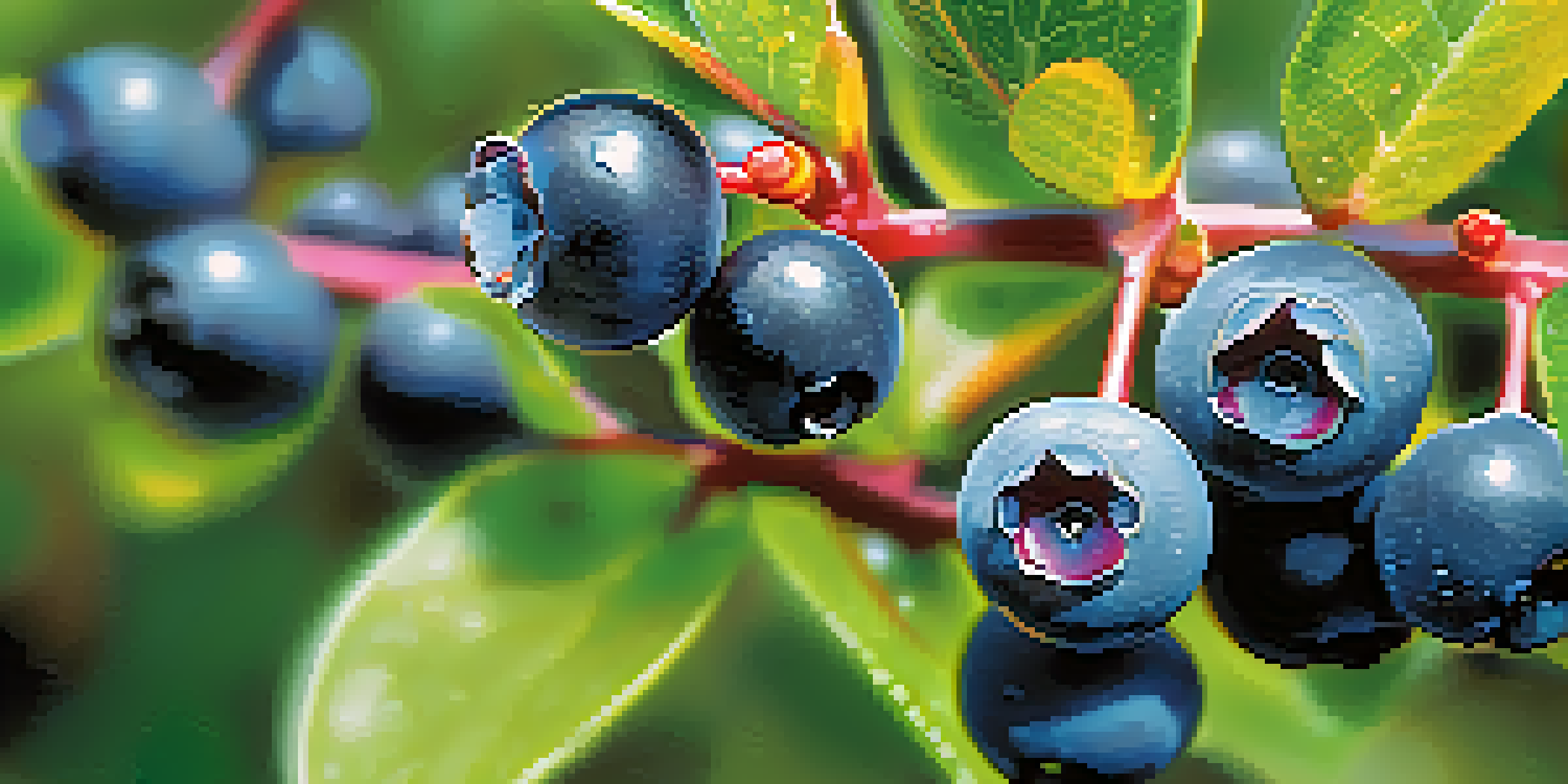 Close-up of bilberries on a bush with dew, surrounded by green foliage and sunlight filtering through leaves.