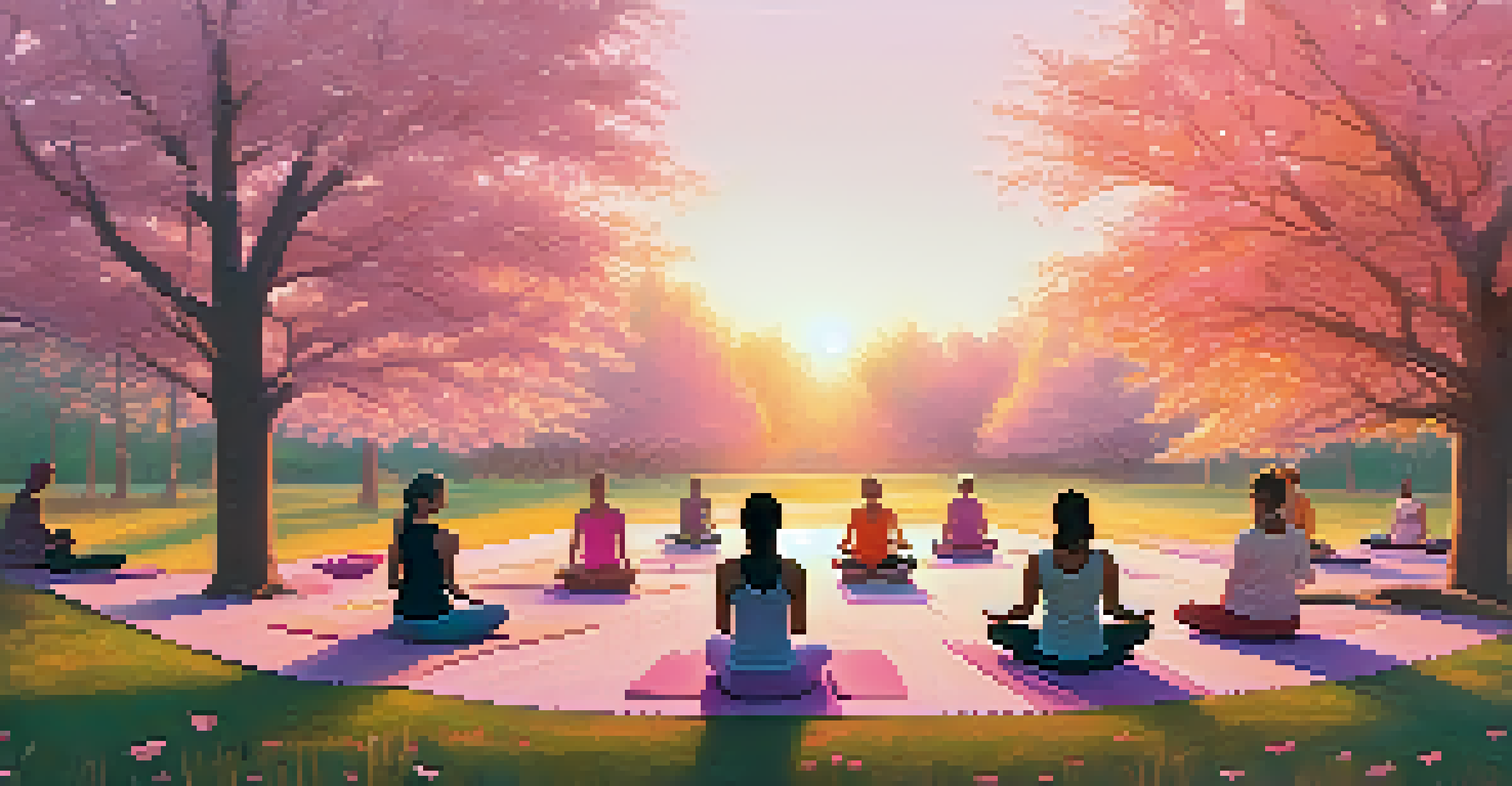 A diverse group of people practicing yoga outdoors at sunrise in a park, surrounded by trees and a pastel sky.