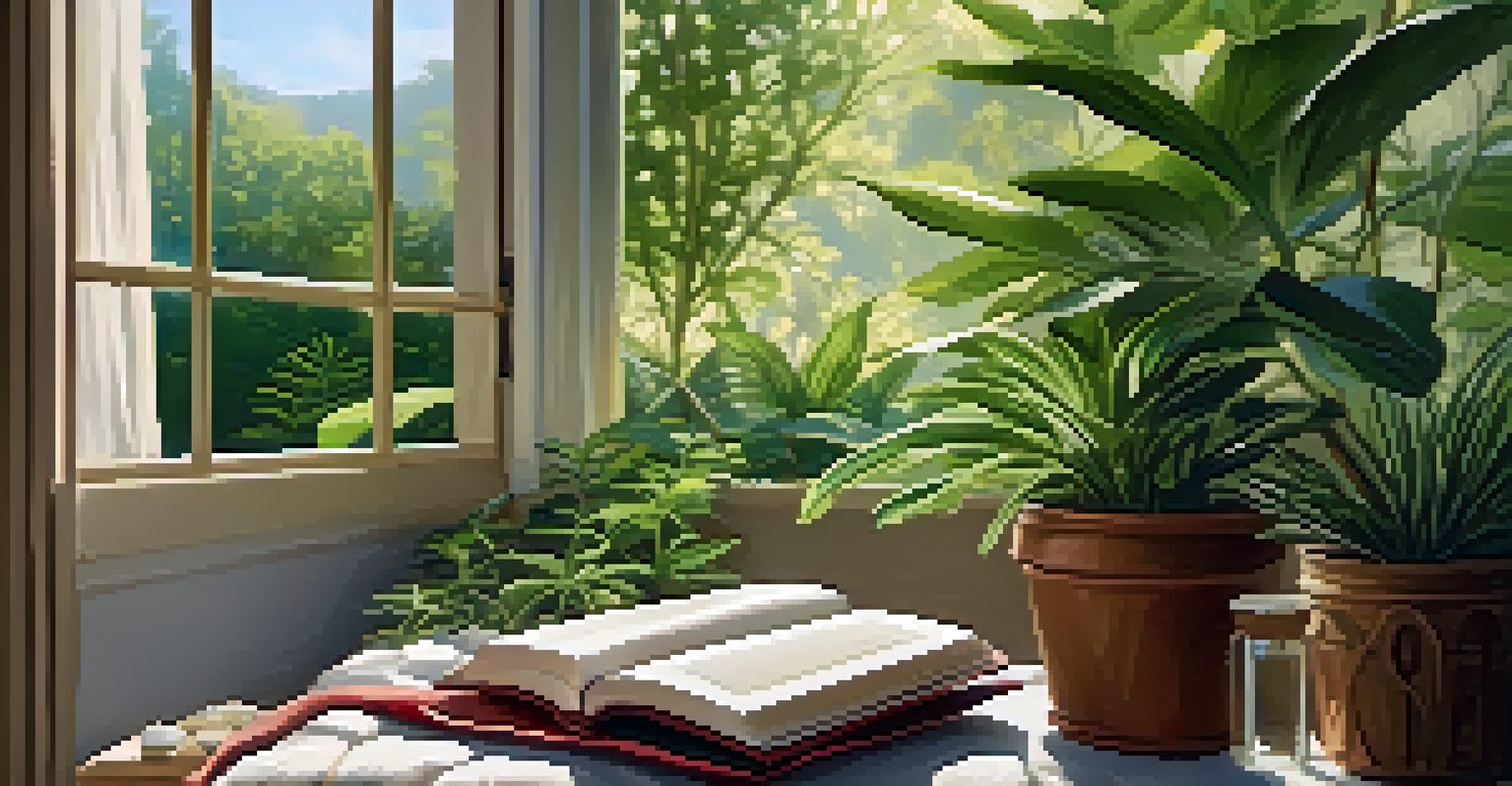 A patient meditating in a natural setting surrounded by greenery, with herbal plants and wellness books nearby.