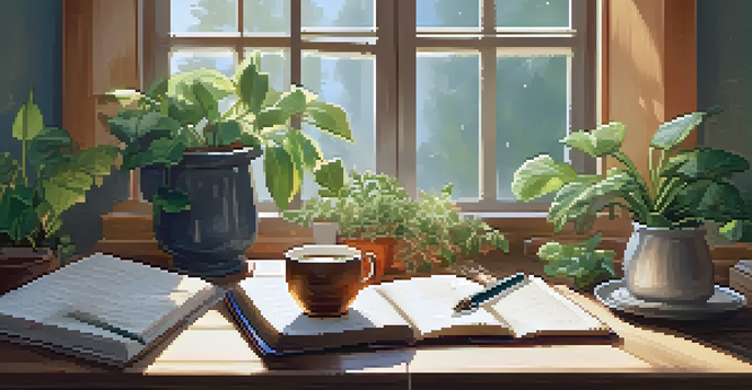 A peaceful journaling setup with a wooden desk, an open journal, a fountain pen, potted plants, and a cup of herbal tea, illuminated by natural sunlight.