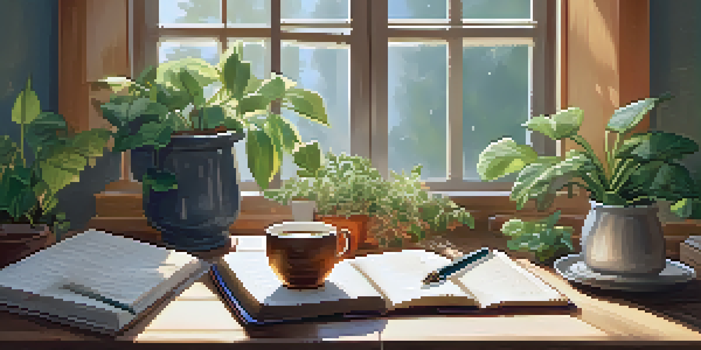 A peaceful journaling setup with a wooden desk, an open journal, a fountain pen, potted plants, and a cup of herbal tea, illuminated by natural sunlight.