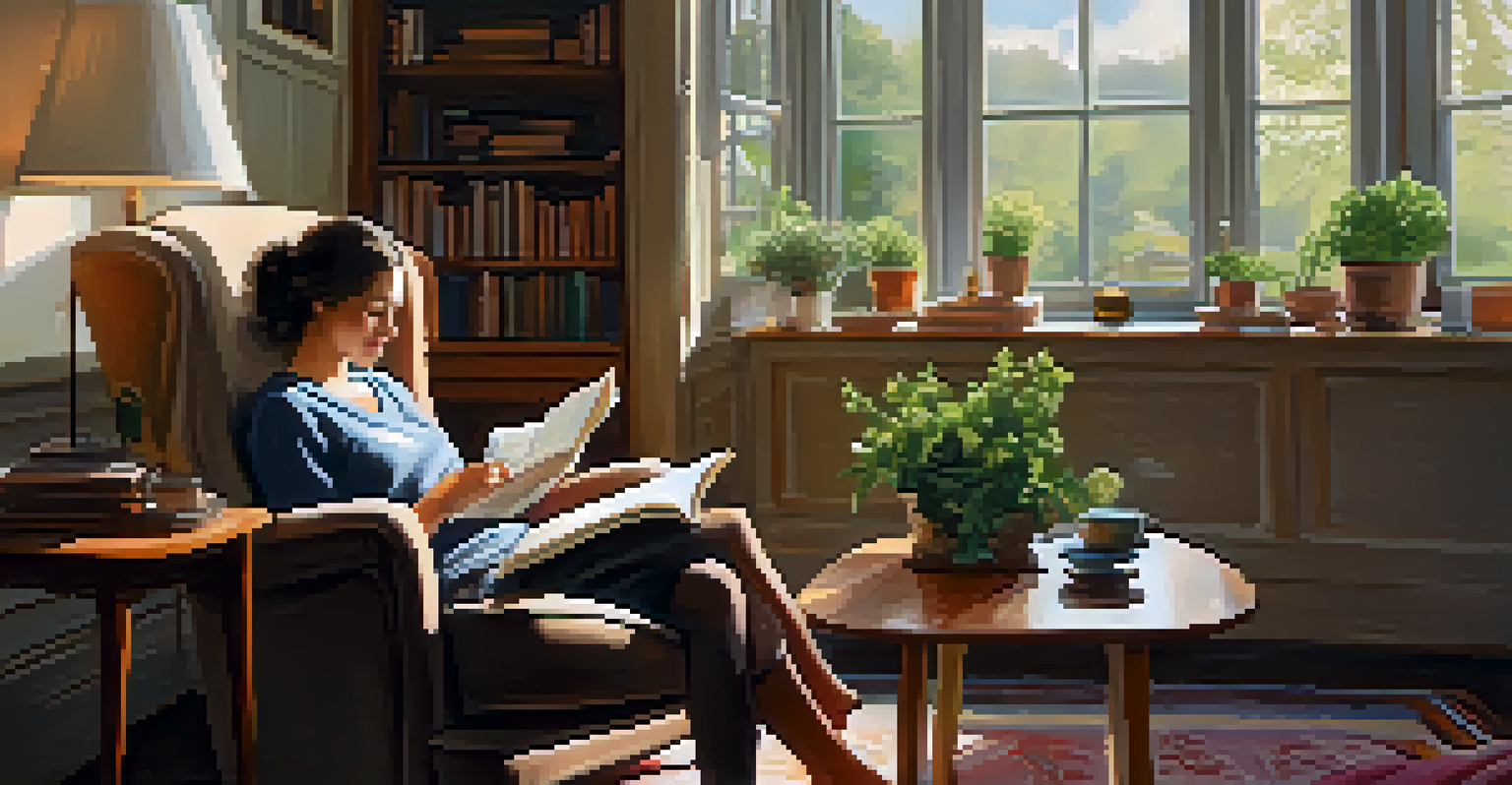 A person reading in a cozy living room, with tea and a journal nearby, illuminated by soft natural light.