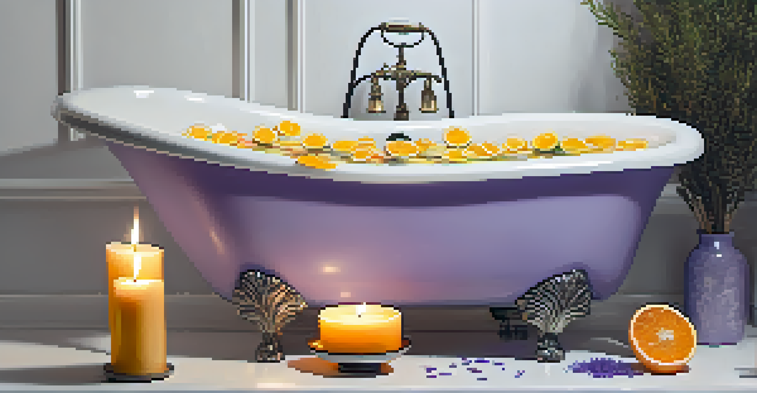 A bathtub filled with warm water, lavender petals, and citrus slices, with candles and essential oils nearby in a tranquil setting.