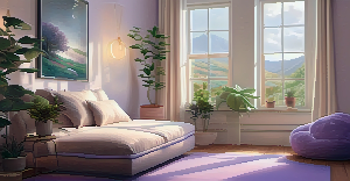 A calm room with a person meditating on a cushion, surrounded by plants and soft lighting.