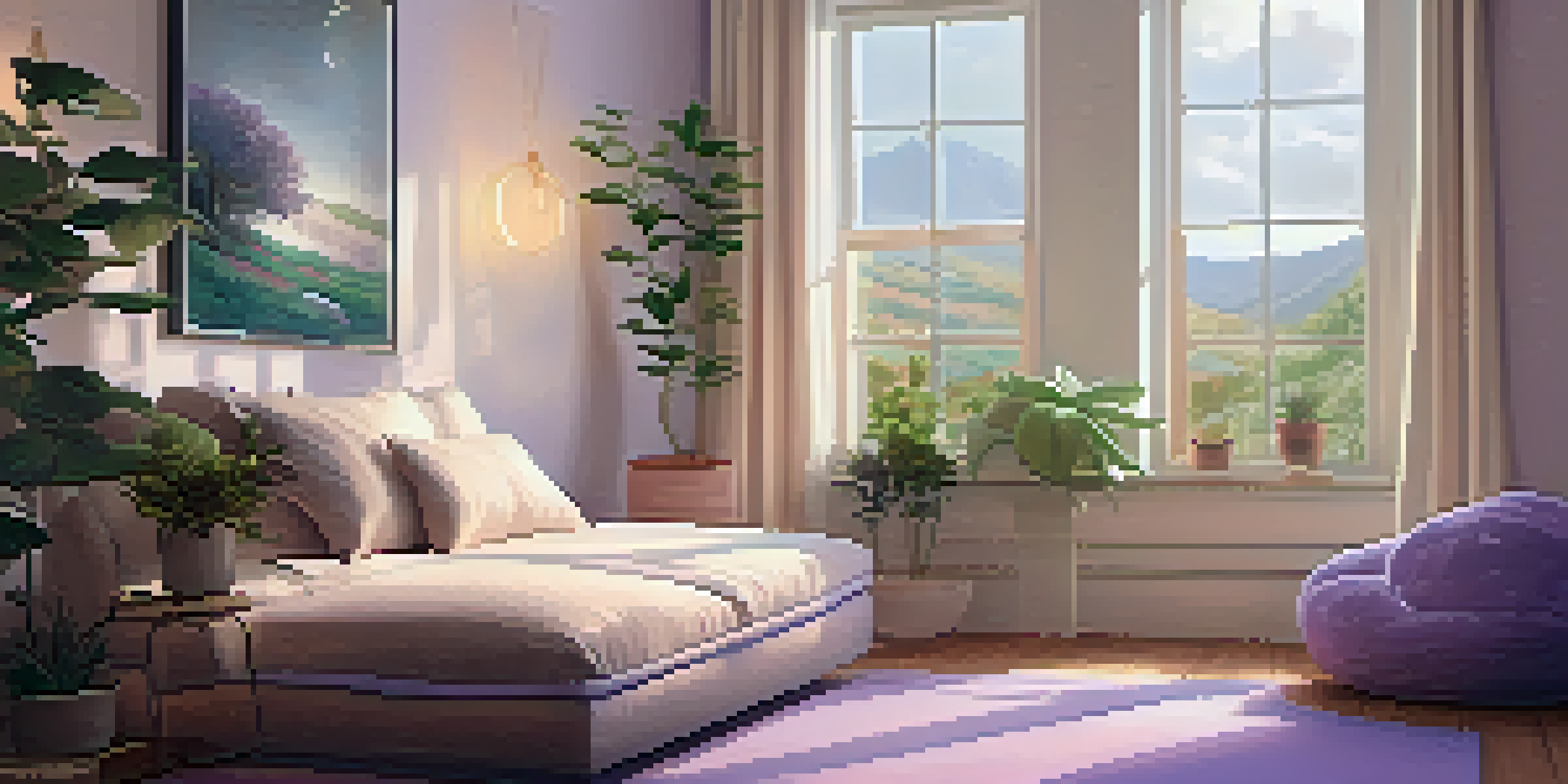 A calm room with a person meditating on a cushion, surrounded by plants and soft lighting.