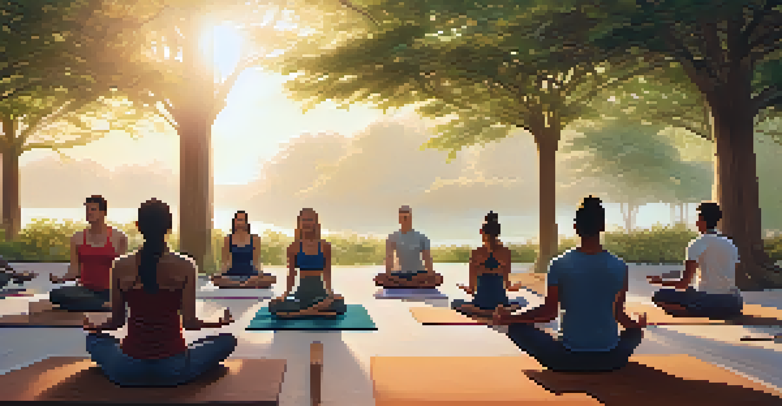 A group of people practicing yoga outdoors at sunrise, surrounded by greenery, illustrating the connection between physical and mental health.