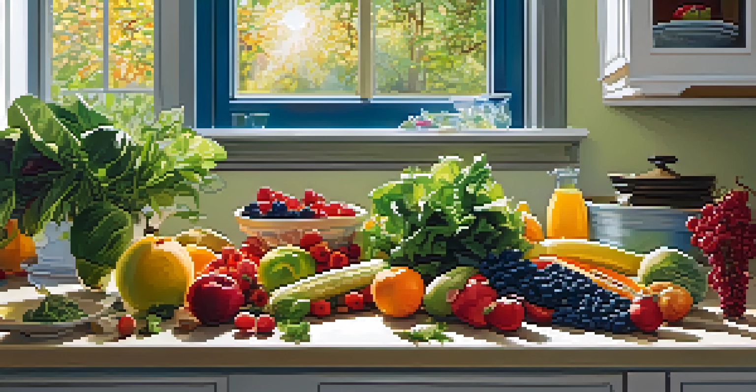 A colorful kitchen counter filled with fresh fruits and vegetables, illuminated by sunlight.