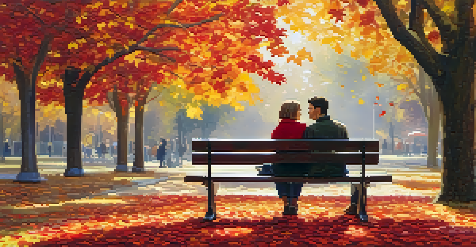 A couple sitting on a park bench under a tree, having a heartfelt conversation amidst falling autumn leaves.
