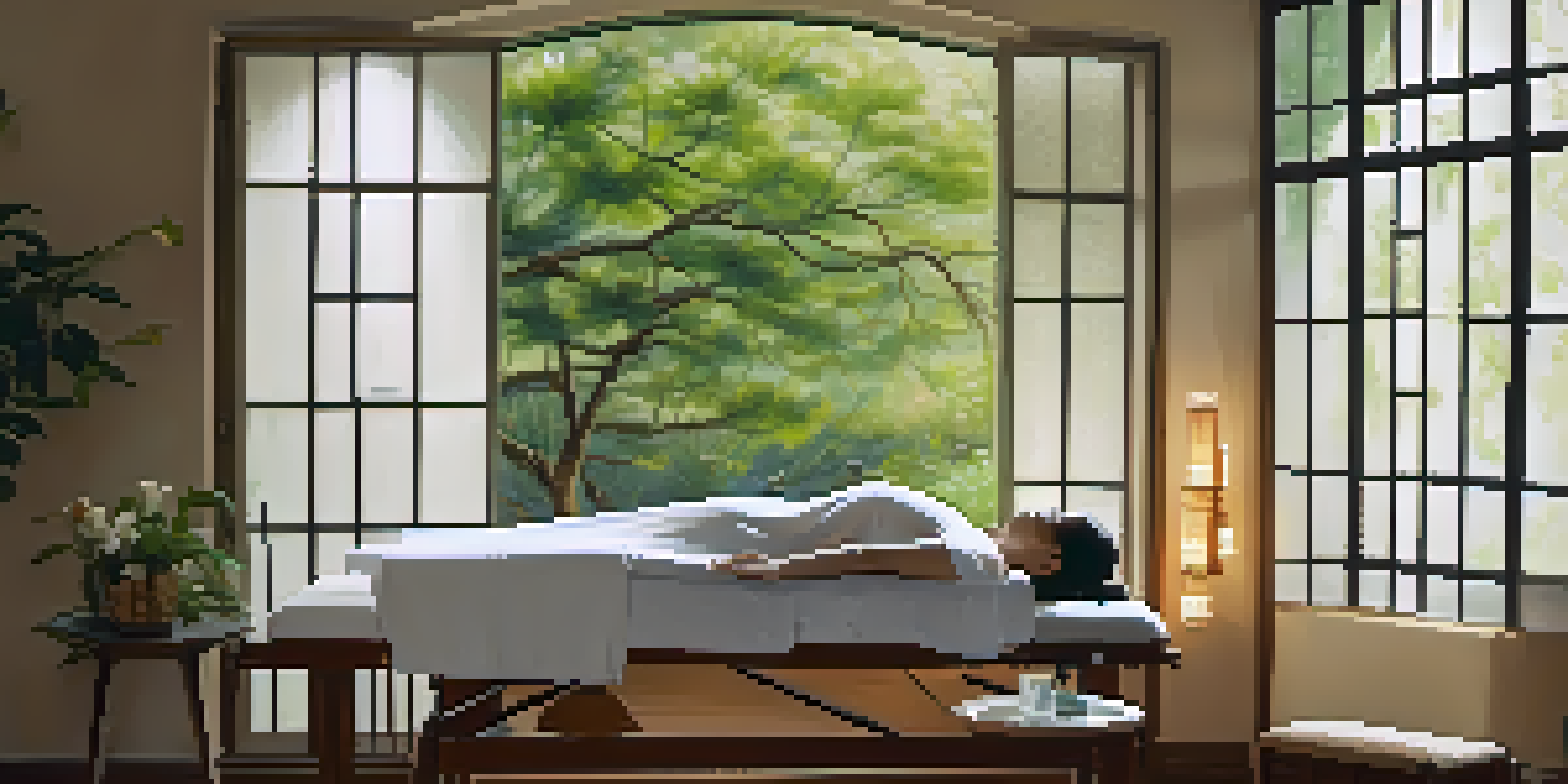 A peaceful acupuncture treatment room with a patient receiving treatment on a massage table surrounded by calming decor and a view of a garden.