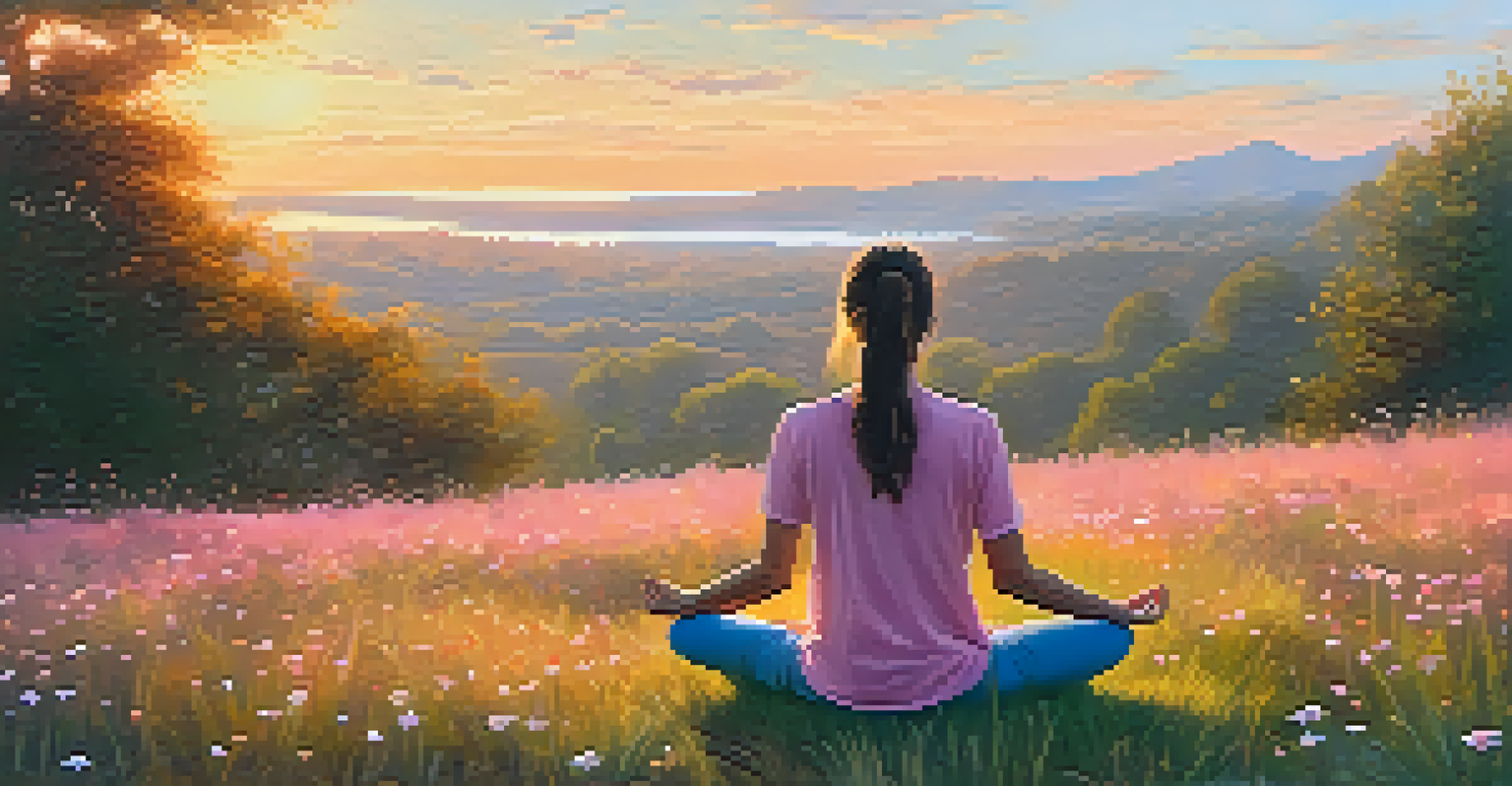 A person meditating on a grassy hill at sunrise, surrounded by wildflowers and a colorful sky.