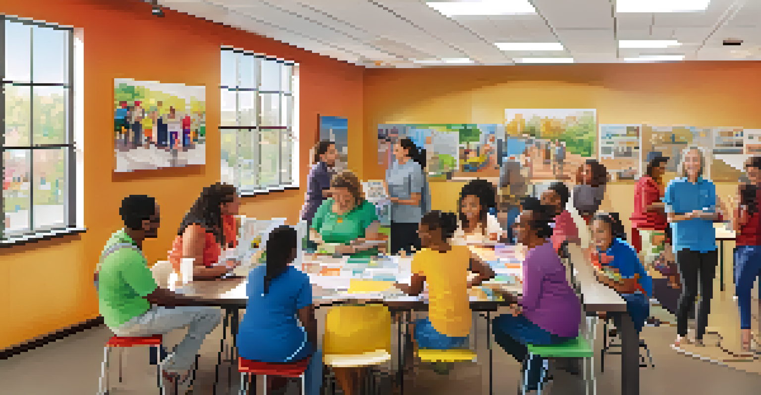 A community center filled with people engaging in activities and seeking housing assistance.