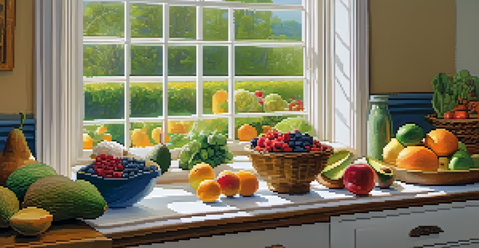 A kitchen with a wooden table filled with colorful whole foods including fruits and vegetables, illuminated by soft morning light.