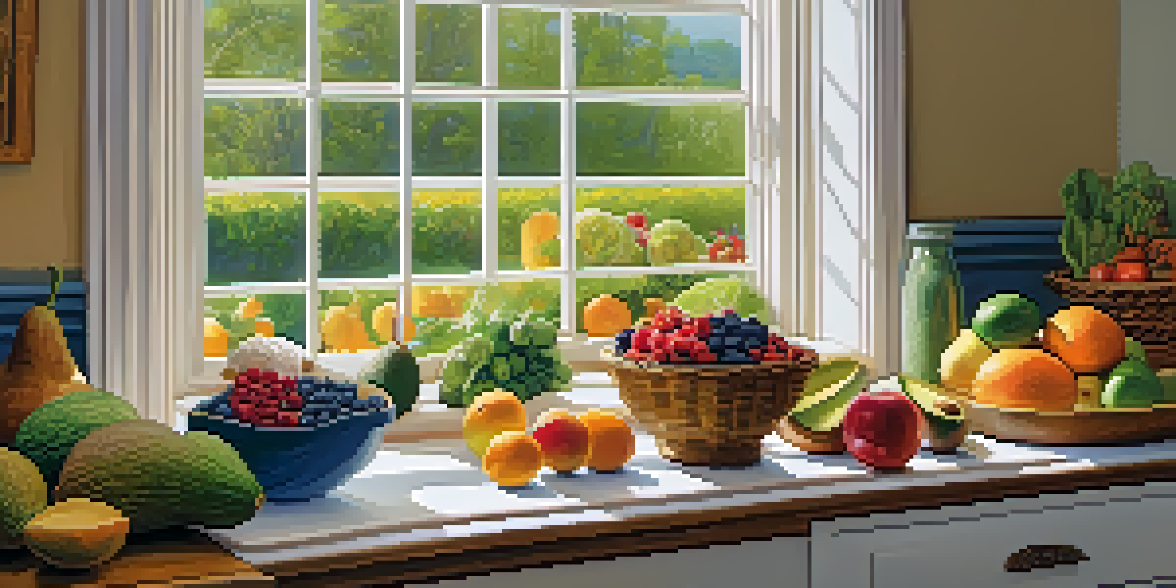 A kitchen with a wooden table filled with colorful whole foods including fruits and vegetables, illuminated by soft morning light.