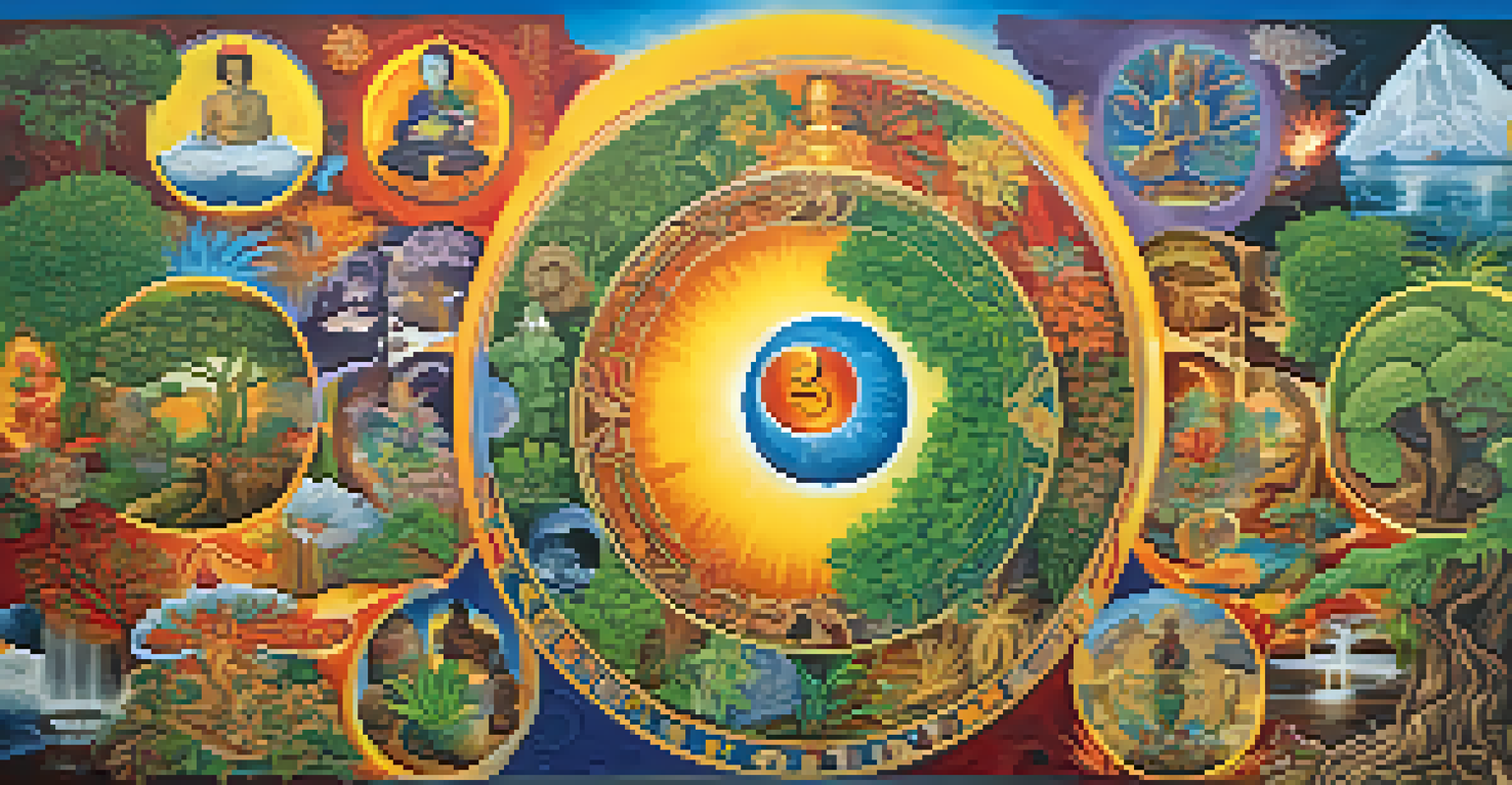 A colorful mural illustrating the interconnectedness of global healing traditions, featuring symbols and diverse individuals practicing various methods.