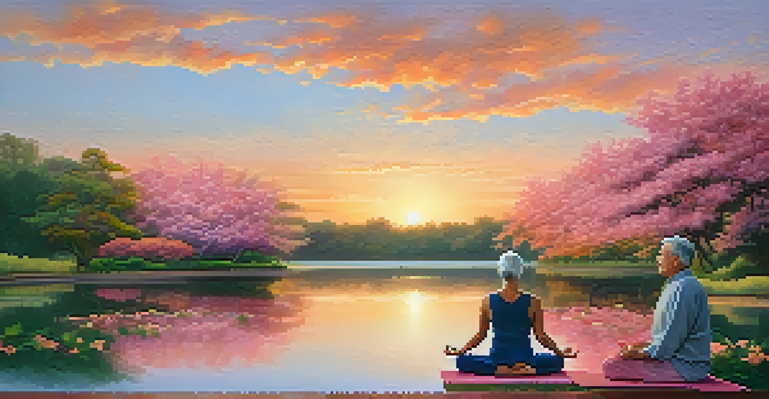 An elderly couple practicing yoga in a peaceful park at sunset, surrounded by greenery and flowers.