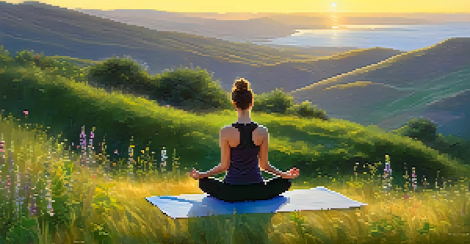 A person practicing yoga on a hilltop at sunrise, surrounded by wildflowers.