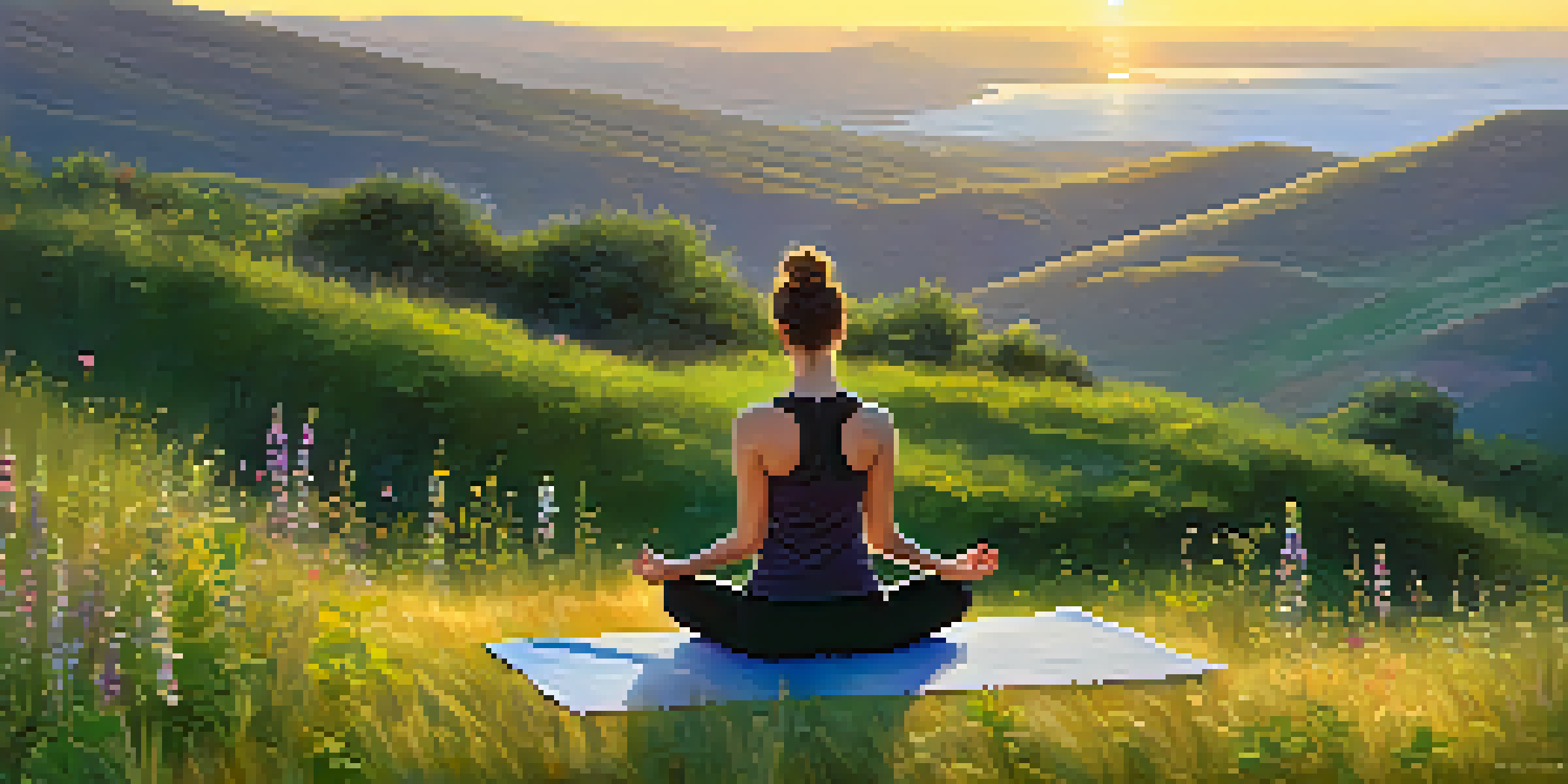 A person practicing yoga on a hilltop at sunrise, surrounded by wildflowers.