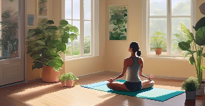 A woman practicing mindfulness on a yoga mat in a sunlit room filled with plants and soft cushions.
