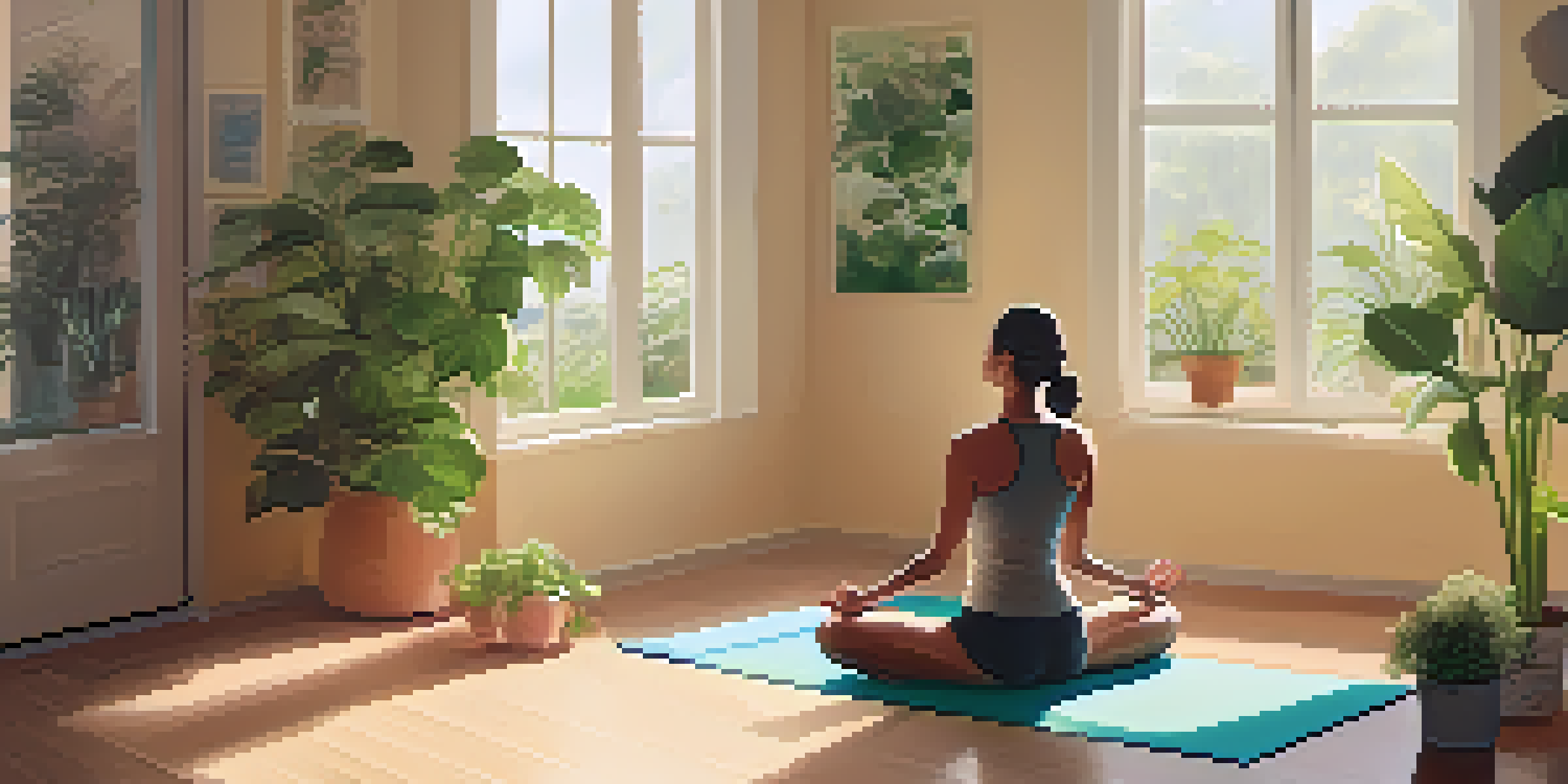 A woman practicing mindfulness on a yoga mat in a sunlit room filled with plants and soft cushions.
