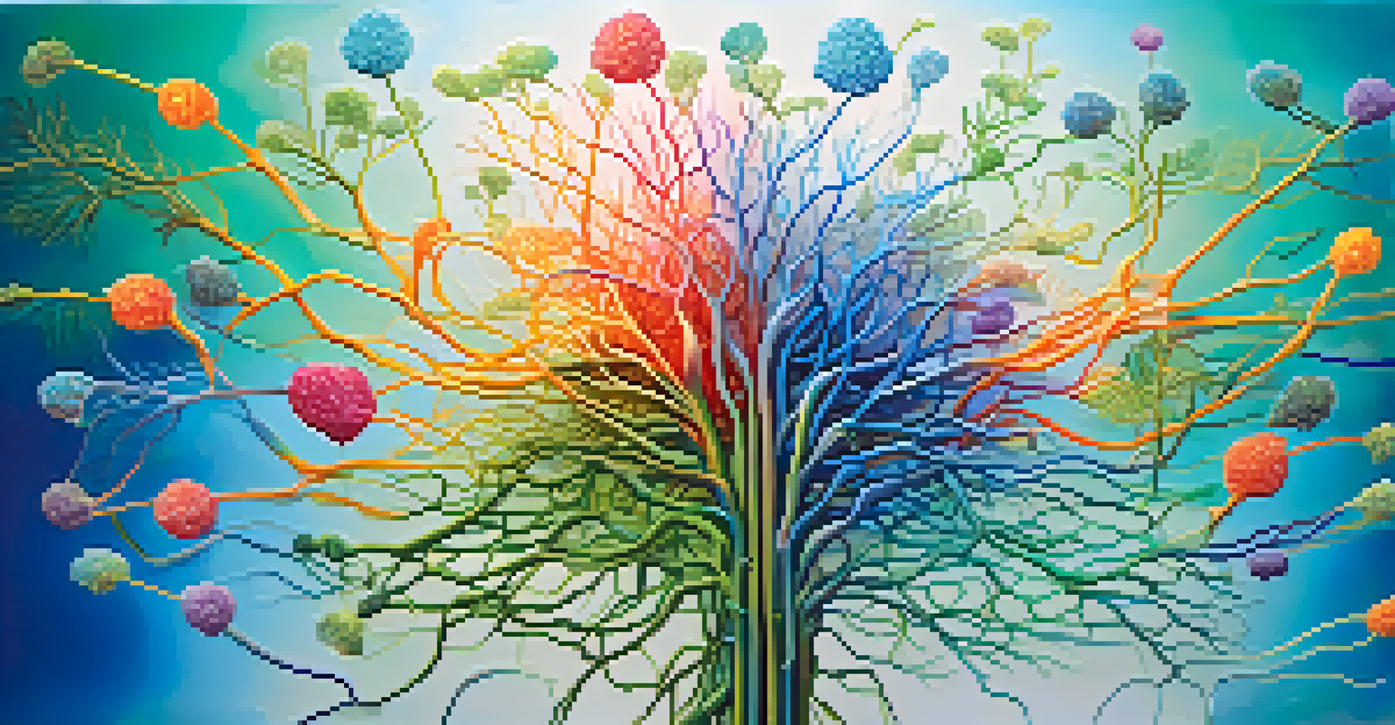 A colorful illustration of the endocannabinoid system with neurons and receptors surrounded by leaves and flowers, set against a calming blue-green background.