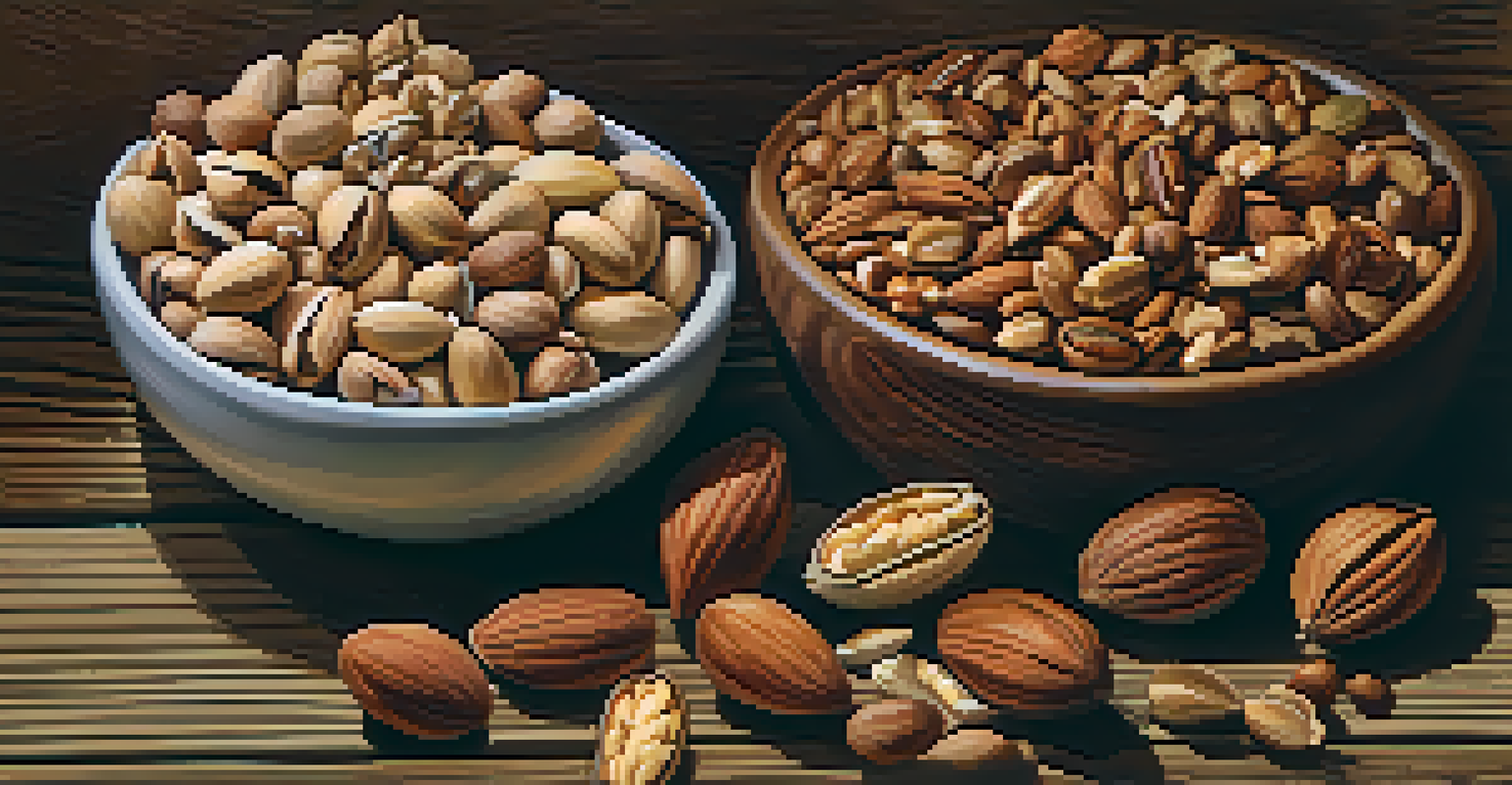 A close-up view of a bowl filled with different nuts and seeds on a rustic wooden surface, showcasing their textures and colors in soft lighting.