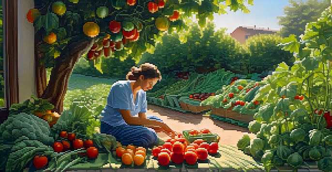 A person in a vibrant garden picking fresh vegetables and fruits under soft sunlight.