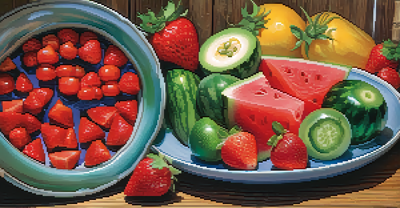 A plate of colorful fruits and vegetables, including watermelon, cucumber, and strawberries, on a rustic wooden table.