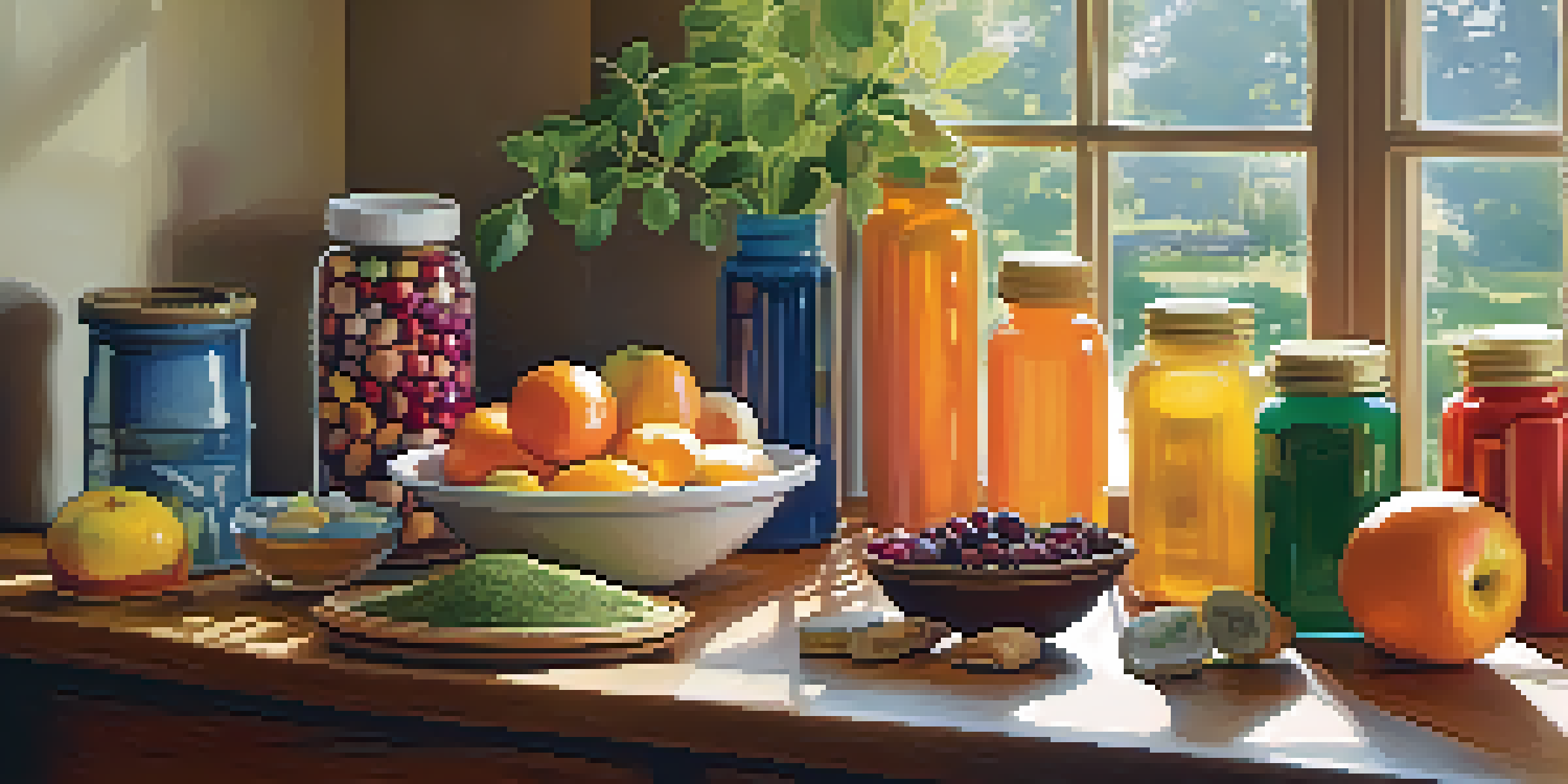 A cozy kitchen with a wooden table displaying dietary supplements, fresh fruits, and herbs, illuminated by soft sunlight.