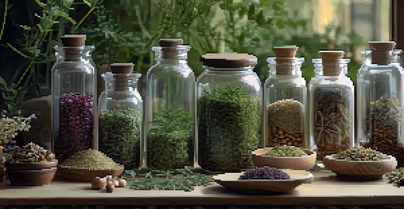 A close-up of a person holding dried adaptogenic herbs like astragalus and schisandra in a cozy herbal apothecary setting.