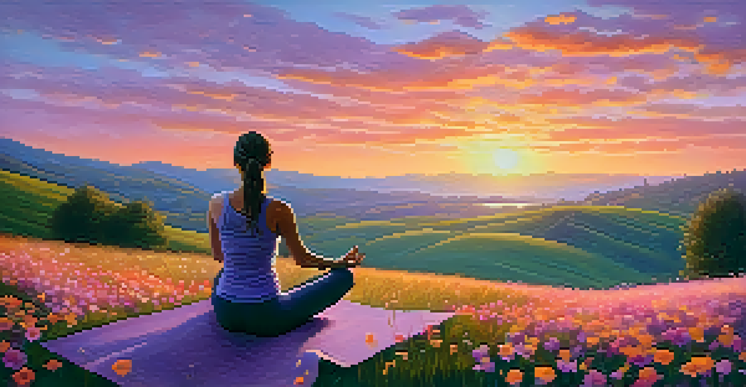 A person practicing yoga on a grassy hill at sunset, surrounded by nature with colorful skies and blooming flowers.