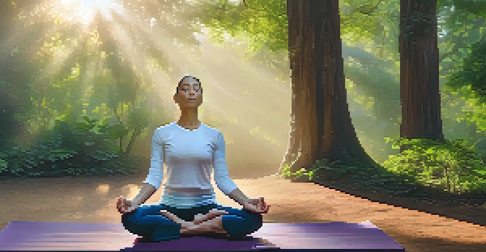 A person practicing yoga outdoors at sunrise, surrounded by greenery, with soft light filtering through the trees, conveying peace and mindfulness.